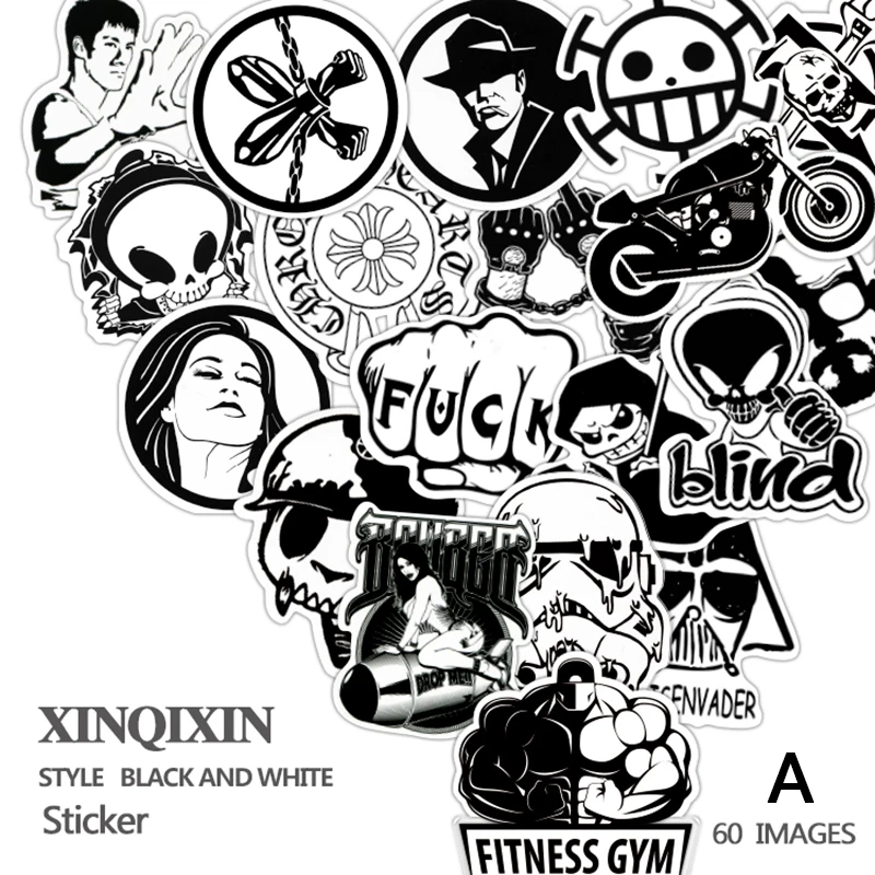 60pcs lot Mixed Stickers Toy Styling Black And White DIY Vinyl Laptop Luggage Snowboard Phone Car