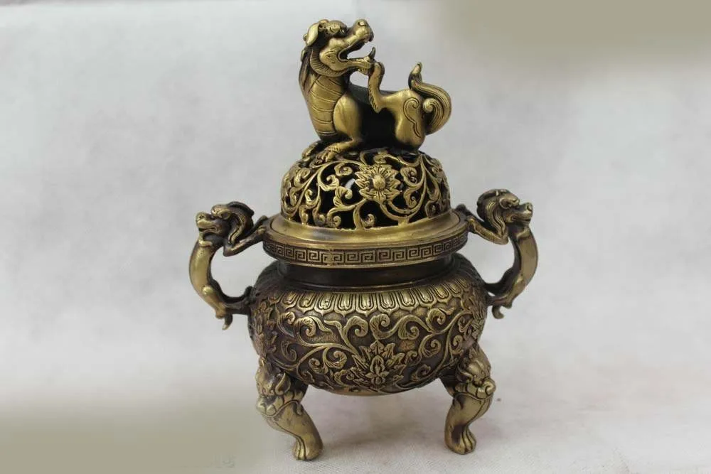 

DS 8"Marked Chinese Dynasty Brass Dragon Handle Lion Deer Incense Burner Censer