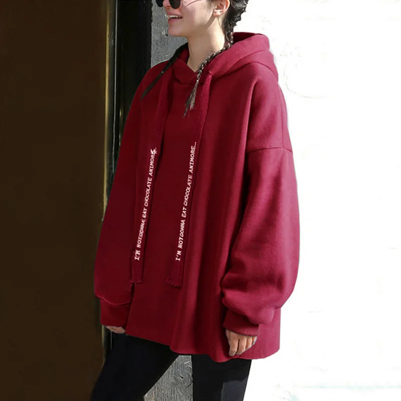

Plus Size L-5XL Women Hoodie Drawstring Letter Print Sweatshirt Autumn Long Sleeve Warm Winter Lady Casual Loose Female Hoody