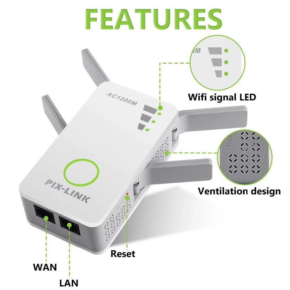 Маршрутизатор PIXLINK 1200 Мбит/с, Wi-Fi, расширитель сигнала, усилитель, беспроводной повторитель, двухдиапазонный 2,4/5 ГГц, Wi-Fi диапазон, подключаемый в домашних условиях