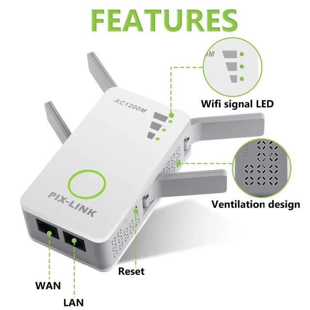 PIXLINK 1200Mbps Router wzmacniacz sygnału Wi-Fi wzmacniacz sygnału Repeater bezprzewodowy dwuzakresowy zasięg Wi-Fi 2.4/5GHz obsługa trybu WISP 4