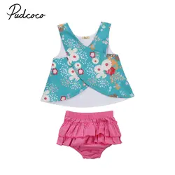 Комплекты одежды для маленьких девочек с цветочным принтом жилетка без рукавов с оборками Топы, футболка + шорты-пачки, штаны комплект для