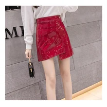 JSMY офисные женские модные юбки с высокой талией из искусственной кожи Пикантные мини Яркая кожаная Асимметричная юбка