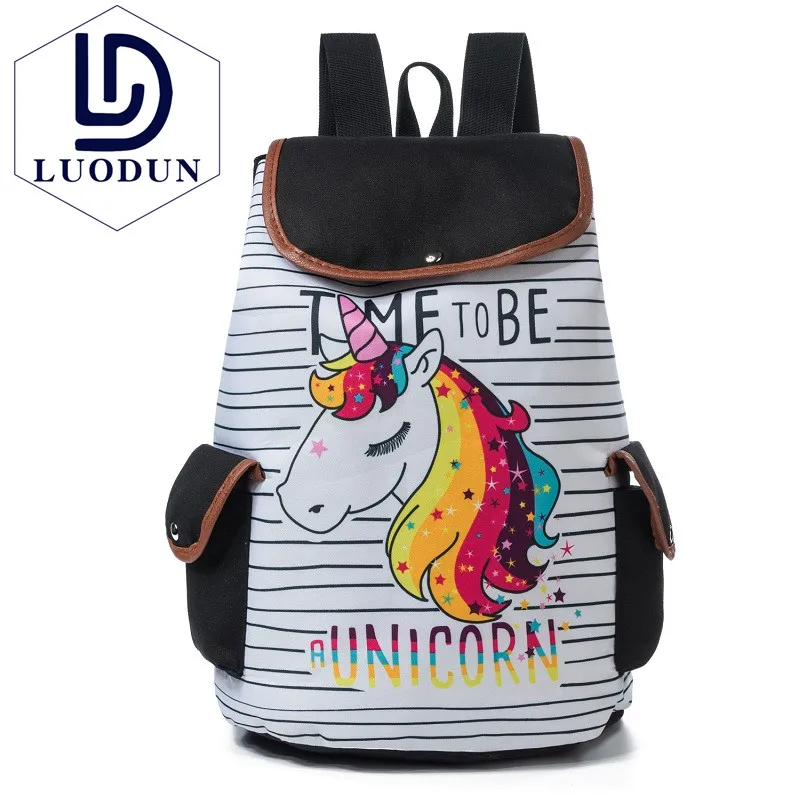 

2018 Fashion Personality Colorful Unicorn Print Casual Backpack Female Drawstring Style Canvas Travel Backpack Girl Backpacks