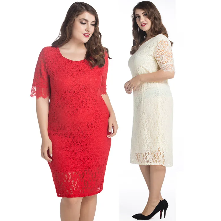 

Summer Lace Dress Office Lady Plus Size 9XL 10XL 8XL 7XL Elegant Casual Women's Dresses 2019 Femme Red White DRESS CM127