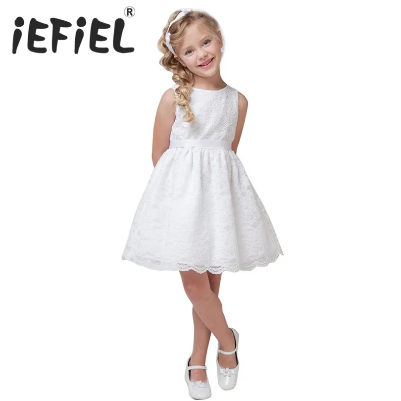 Iefiel для детей девочек белого и черного цвета без рукавов с бантом на поясе кружевное платье принцессы с цветочным рисунком для девочек; платье подружки невесты на свадьбу, детское платье-пачка, платье, украшенное цветами и Размеры От 1 до 10 лет