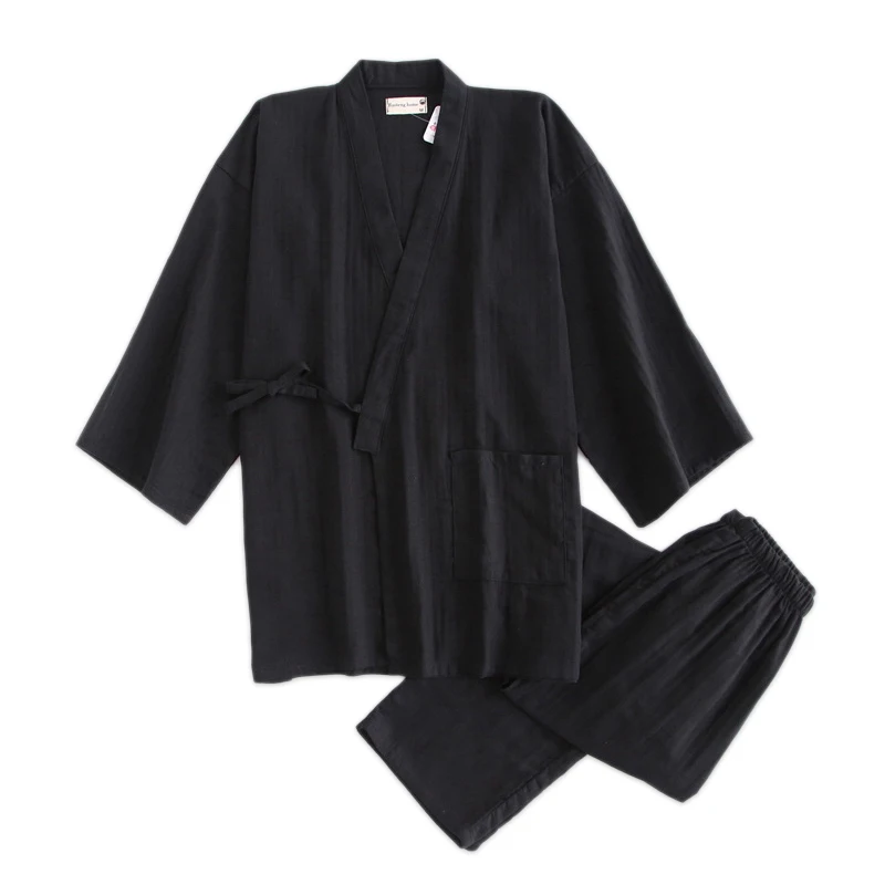 

Black kimono robes for male 100% cotton pajamas sets Japanese sauna robes mens pyjamas pijama hombre SPA homewear bathrobes men