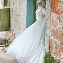 Plus Size Neck Arabic Hijab Muslim Wedding Dresses with Long Sleeves 2015 New Arrival Appliques Lace White Bridal Gown