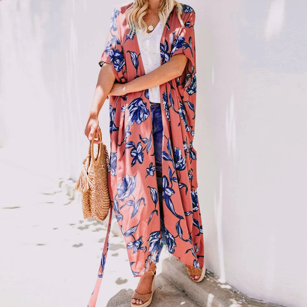 Blusas femininas elegante 2019 женское цветочное кимоно рукав три четверти шаль с принтом