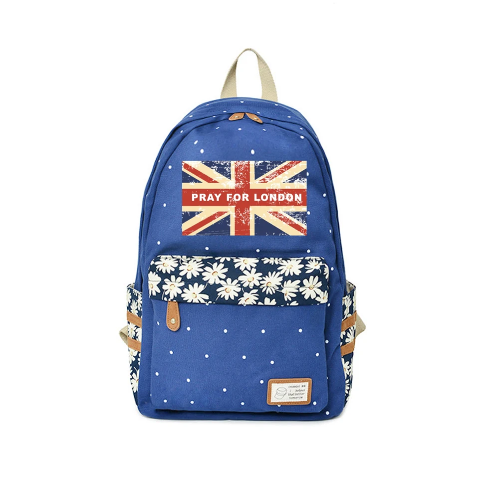 Pray For London Backpack Flower wave point Rucksacks British flag For