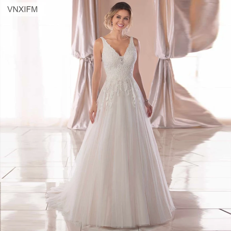 

2019 VNXIFM Sexy A-Line Wedding Dress Beading Crystal V neck Vestige De Noiva White Gown Bridal Dresses Plus Size
