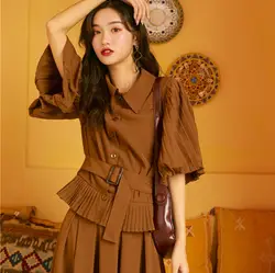 LANMREM 2019 новая женская одежда с отложным воротником французский плиссированный коричневый Фонарь рукава и длинные половина тела юбка