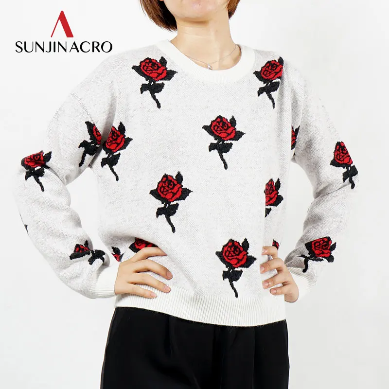 

2018 SUNJINACRO Autumn Angora Drop Shoulder Round Neck Rose Embroidery Soft Pullover Floral High Quality Sweaters Knitted Sueter