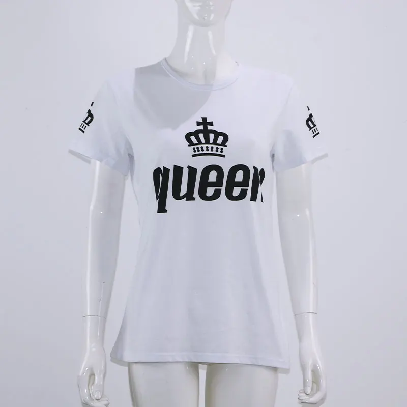Коллекция года, женские хлопковые футболки с надписью «King queen», забавная футболка для отдыха, Мужская футболка с коротким рукавом и круглым вырезом - Цвет: white queen