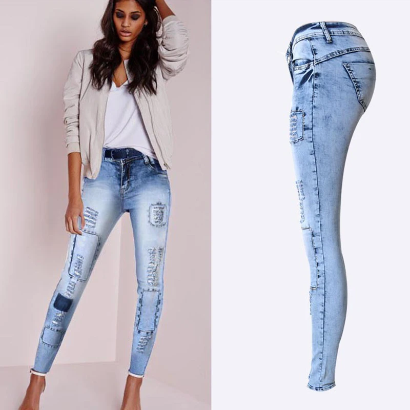 Для женщин с низкой талией модные рваные узкие Стрейчевые узкие брюки нищебродский стиль отверстие Лоскутные Проблемные jeansdenim брюки