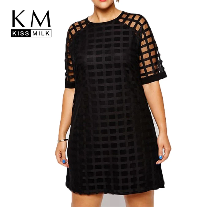 Kissmilk Women Plus Size Checkered Pattern O Neck Sheer Mesh Shirt