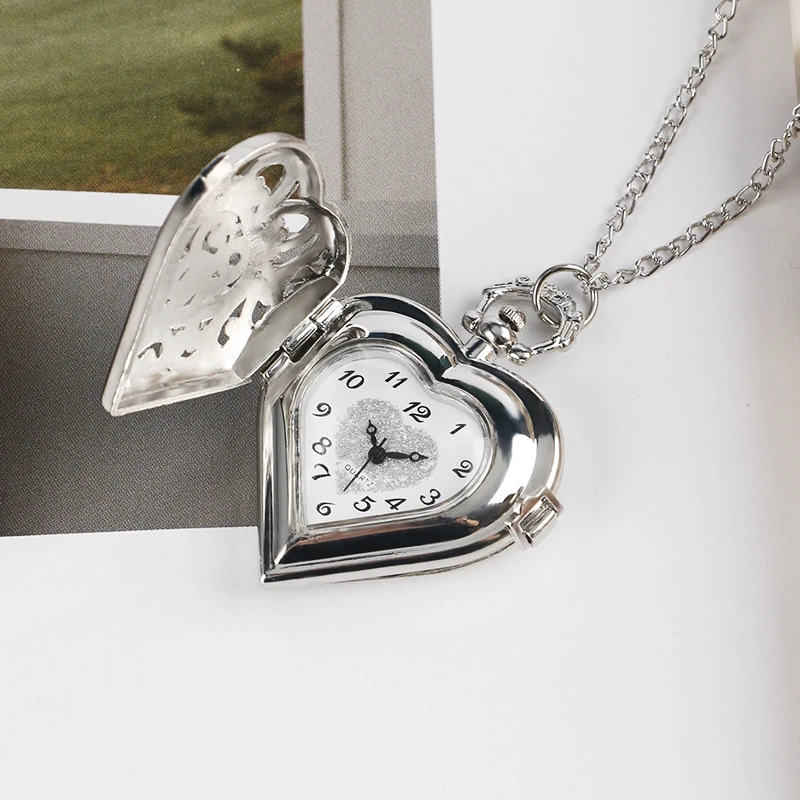 Silver Pocket Watch Hollow Heart shaped Pocket Quartz Watch Necklace ...