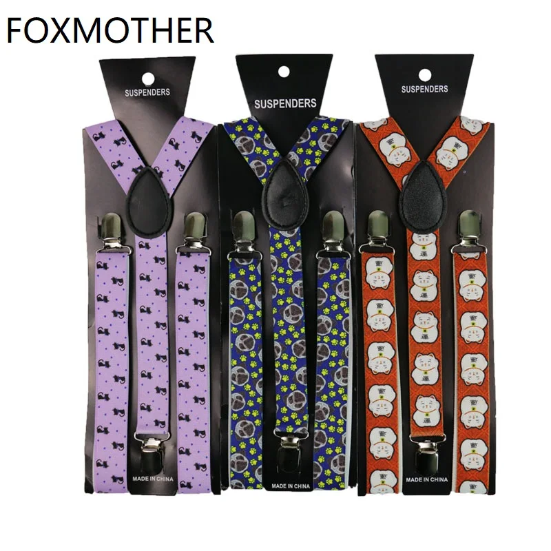

FOXMOTHER New Cute Cat Dog Animal Print Suspenders Womens Braces Mens Tirantes Bretelle Suspensorio
