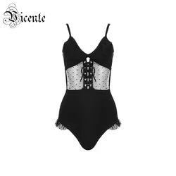 Vicente горячий шикарный кружевной боди сексуальный Sheer Dot Mesh V-Neck Backless Lace-up оптовая продажа, Бандажное закрытый купальник