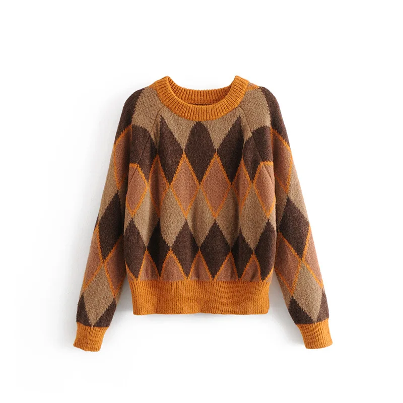 

New Style European and American Women's Fashion Diamond Shaped Sweater Jacket Full Sleeve Pullovers Female Outfit Knitwear