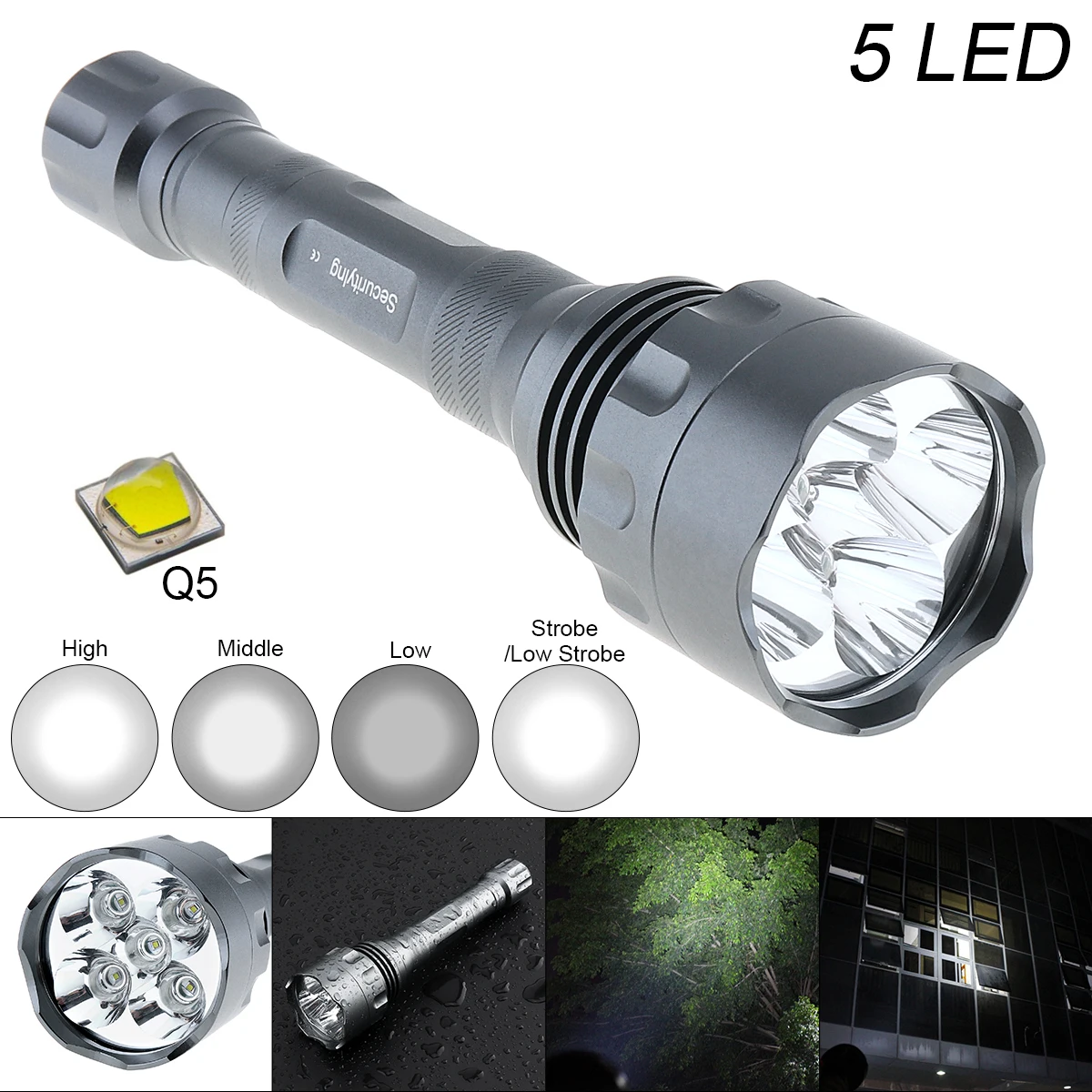 

SecurityIng Waterproof 10W 1500 Lumens Q5 LED Flashlight with 300M Range and 5 Modes Light Support 18650 Rechargeable Battery