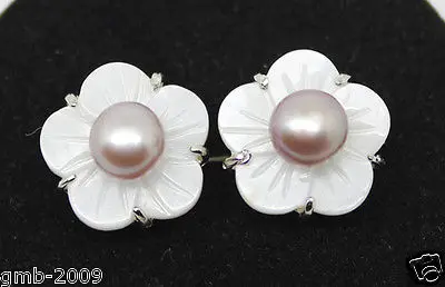 

Natural 6-7mm purple Freshwater Pearl Shell Flower 925 Silver Earrings