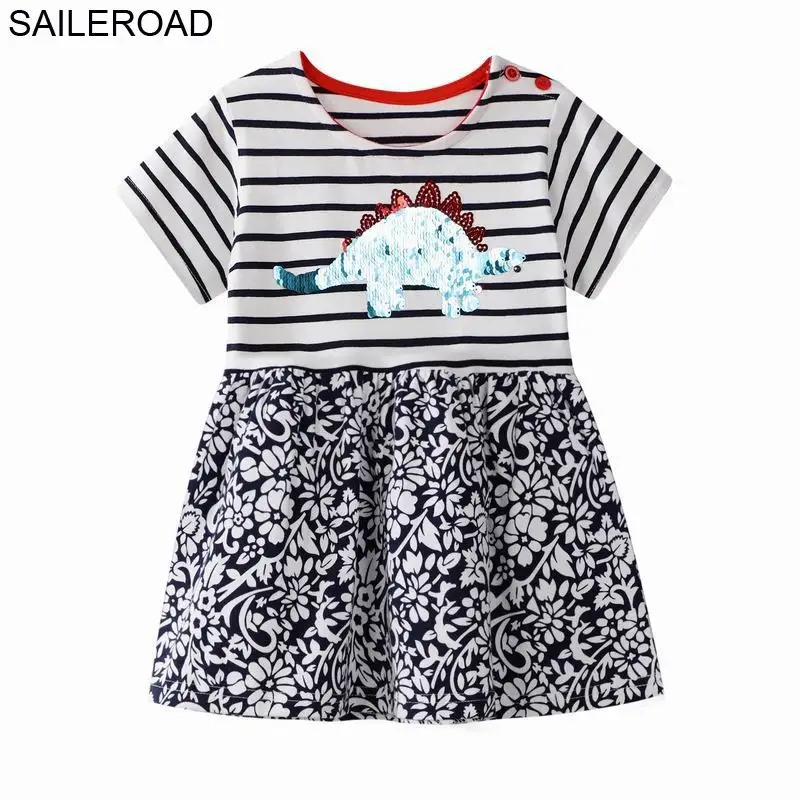 

SAILEROAD 2-8Years Baby Girl's Tops Tees Dress Cotton Newborn Dinosaur Paillettes Dress Vestidos for New Summer Kids Dresses