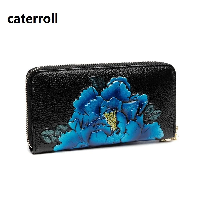 

real leather wallet women floral peony clutch purse genuine leather ladies wallets and purses luxury brand long money bag