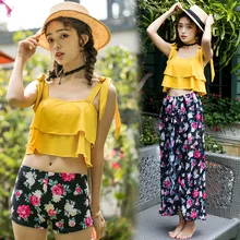 Купальник для женщин, купальник, бикини для девушек, женский, двойка, два предмета, бикини, новинка, раздельный, три юбки, с прорезями, с цветами, для плавания