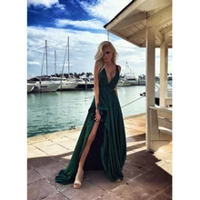 Abendkleid Sexy 2017 Lange Elegante Split Vorne Dark Prom V-ausschnitt A-line-partei-kleid smaragd Grüne Isolationsschlauchbügels Kleider