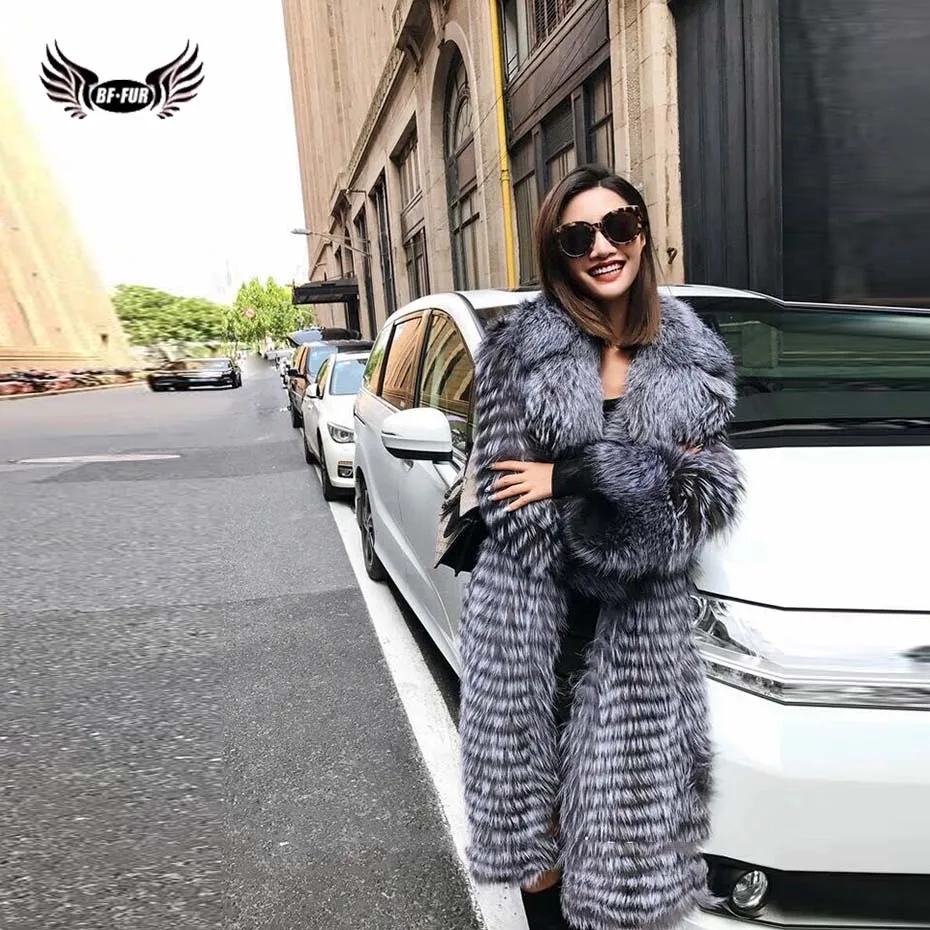 

BFFUR Natural Fur Luxury 100cm Long Real Red / Silver Fox Fur Coat Warm Tailored Collar For Women's Red Fox Fur Coats Oversized