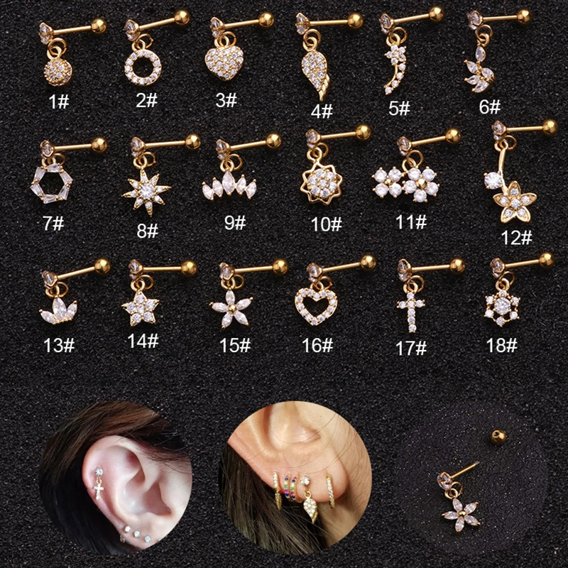 

Sale 1PC Piercing Cartilage Earring With Cz Flower Star Crown Heart Cross Wing Dainty Pendant Tragus Helix piercing Earring