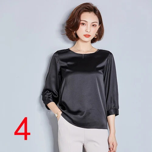 Online Alta calidad J44022 nueva moda 2018 mujeres cuello redondo suelto todo fósforo manga tres cuartos Camiseta básica Rojo Negro