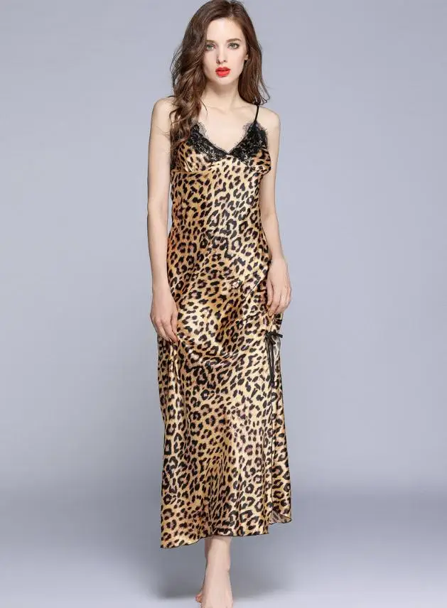 Сексуальная Длинная Ночная рубашка с леопардовым принтом для женщин, ночная рубашка на бретельках, ночная рубашка, Женская шелковистая кружевная ночная рубашка, домашняя одежда - Цвет: long
