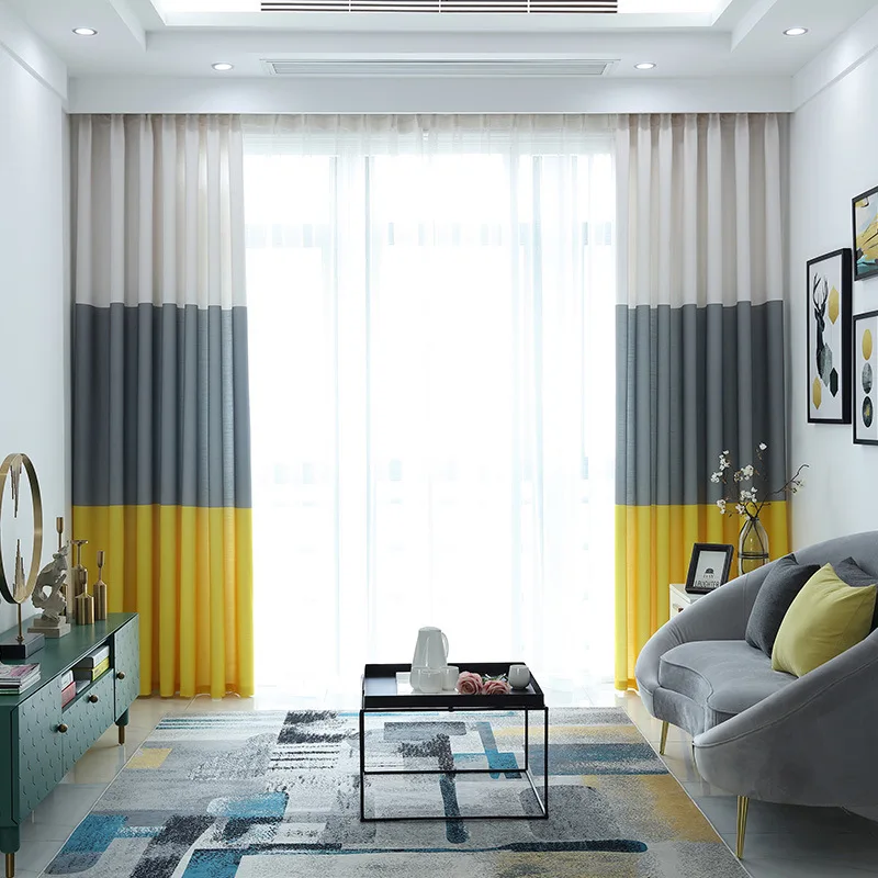 

Living Room Window Curtain Yellow Grey 2 Colors Blackout For Kitchen Stitching Bedroom Cortains Drapes