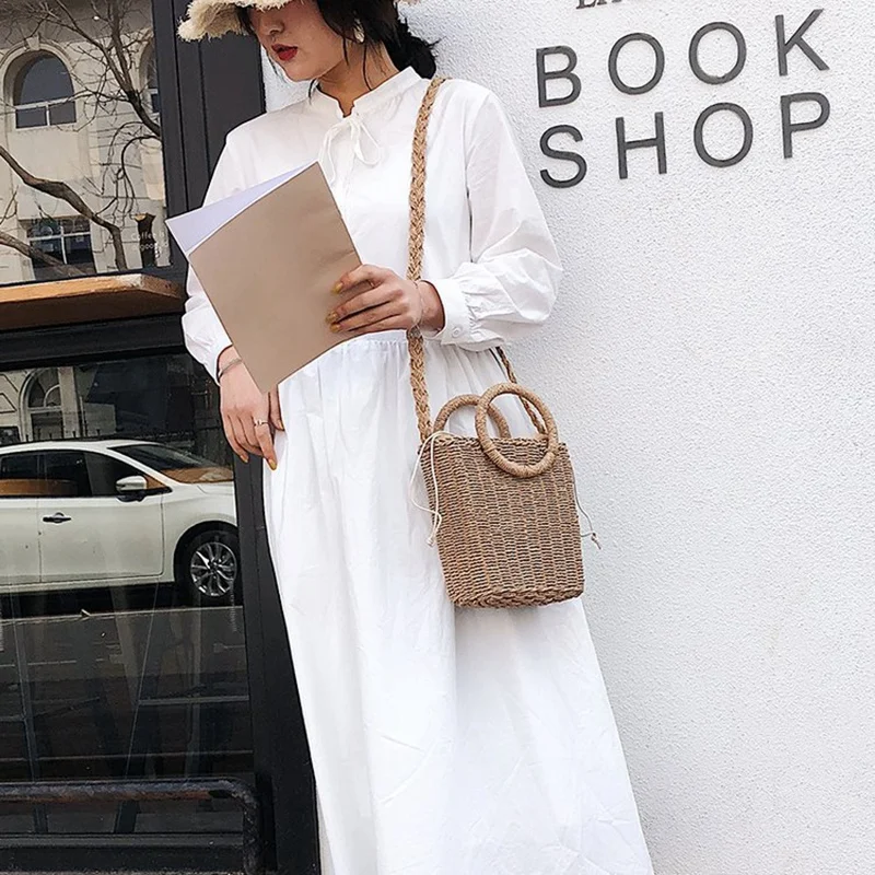 

LJL-Handmade Handbag Straw Bag Crossbody Woven Bag Beach Bag Khaki