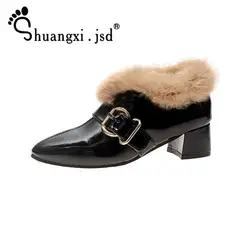 Shuangxi. jsd Botines Mujer/2018 Зимние ботильоны, женские роскошные дизайнерские плюшевые ботинки на высоком каблуке, женские кожаные ботинки, женская