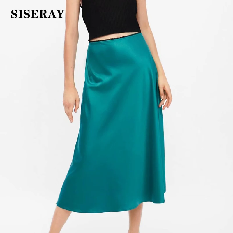 Шикарная Элегантная Шелковая юбка миди с завышенной талией, женские юбки с кружевной отделкой, летняя длинная сатиновая юбка макси для женщин