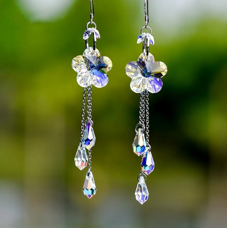 

New handmade earrings rose with Austrian crystal tassels long European and American temperament female earrings