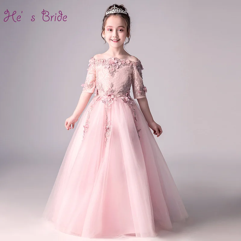 

He's Bride Appliques Boat Neck Zipper Back Floor-Length Ball Gown Tulle Pink Flower Girl Dress for Party and Wedding Gowns