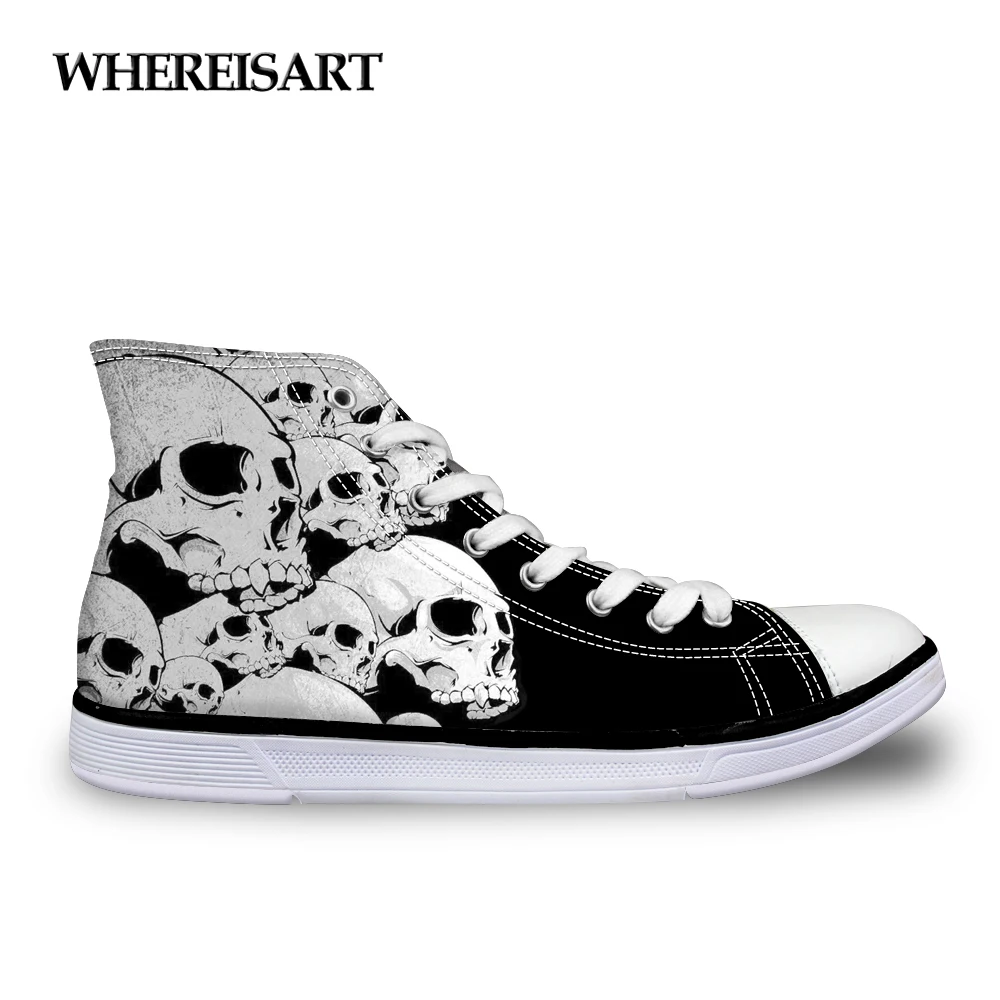 

WHEREISART Casual High Top Women's Vulcanized Shoes Black White Skull Design Autumn Canvas Shoes Woman Lace-up Leisure Shoes