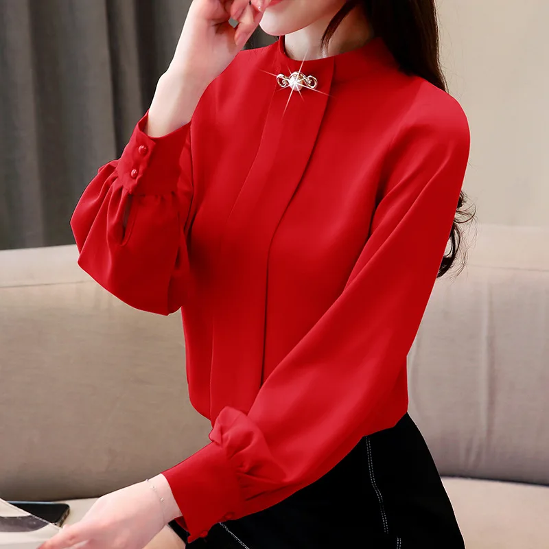 Весна, женские свободные шифоновые Нижние рубашки и блузки, женские топы с длинным рукавом и бисером, топы и блузки размера плюс 4XL - Цвет: Red