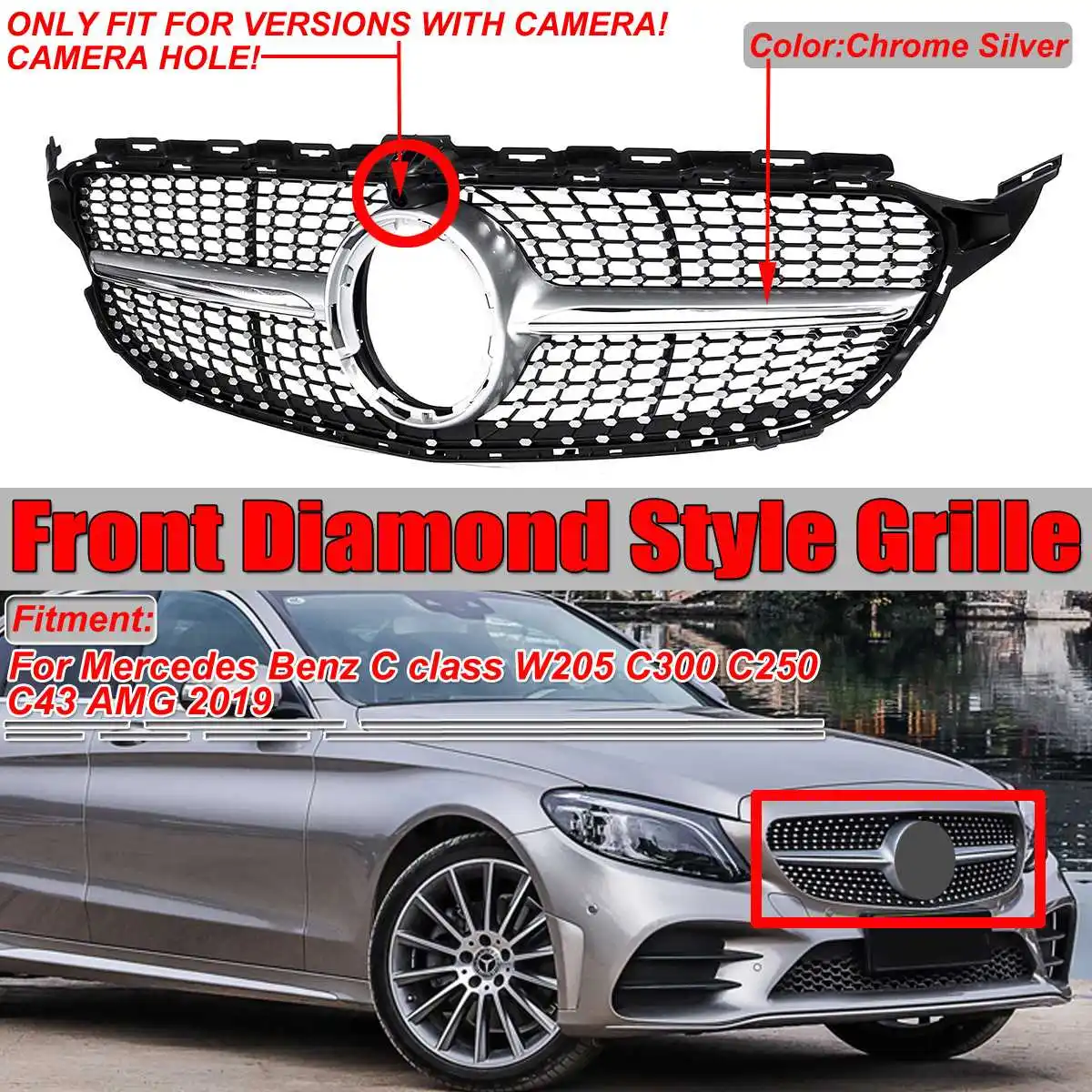 

Diamond 2019 W205 Grill Car Front Bumper Grill Grille For Mercedes For Benz C Class W205 C300 C250 C43 For AMG 2019 With Camera