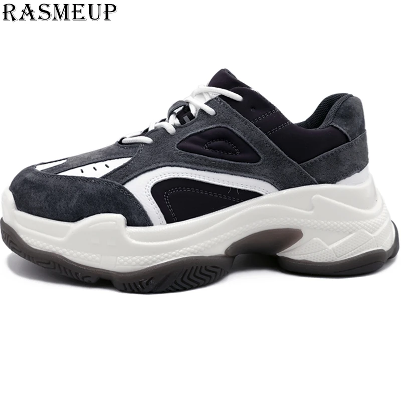 

RASMEUP Genuine Leather Chunky Sneaker Women 2019 Spring Fashion High Platform Women's Shoes Vintage Thick Sole Dad Footwear
