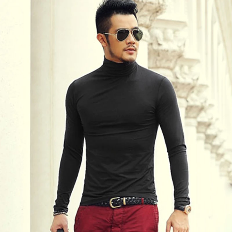 Online Otoño y primavera nueva ropa de Color sólido camisa de fondo Delgado elástico de algodón de Lycra de manga larga Camiseta de cuello alto