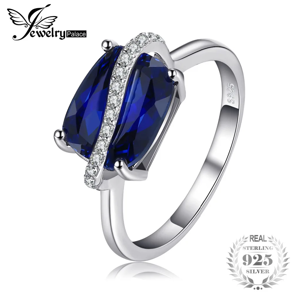 

JewelryPalace Rectangle 4.26ct Created Sapphire Ring 925 Sterling Silver Wedding Engagement Ring Gemstone Jewelry Women New