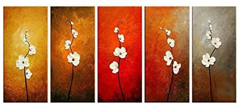 

Large 5 Panel Pictures Hand Painted Abstract Knife White Flower Oil Painting Home Wall Art Handmade Floral Paintings on Canvas