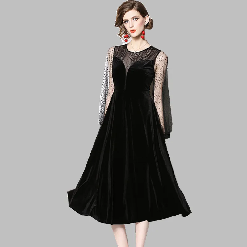 

HAMALIEL Elegant Big Swing Party Midi Dress 2019 Spring Women Velvet Patchwork Lace Dot Dress Vintage Hollow Out Slim Vestidos
