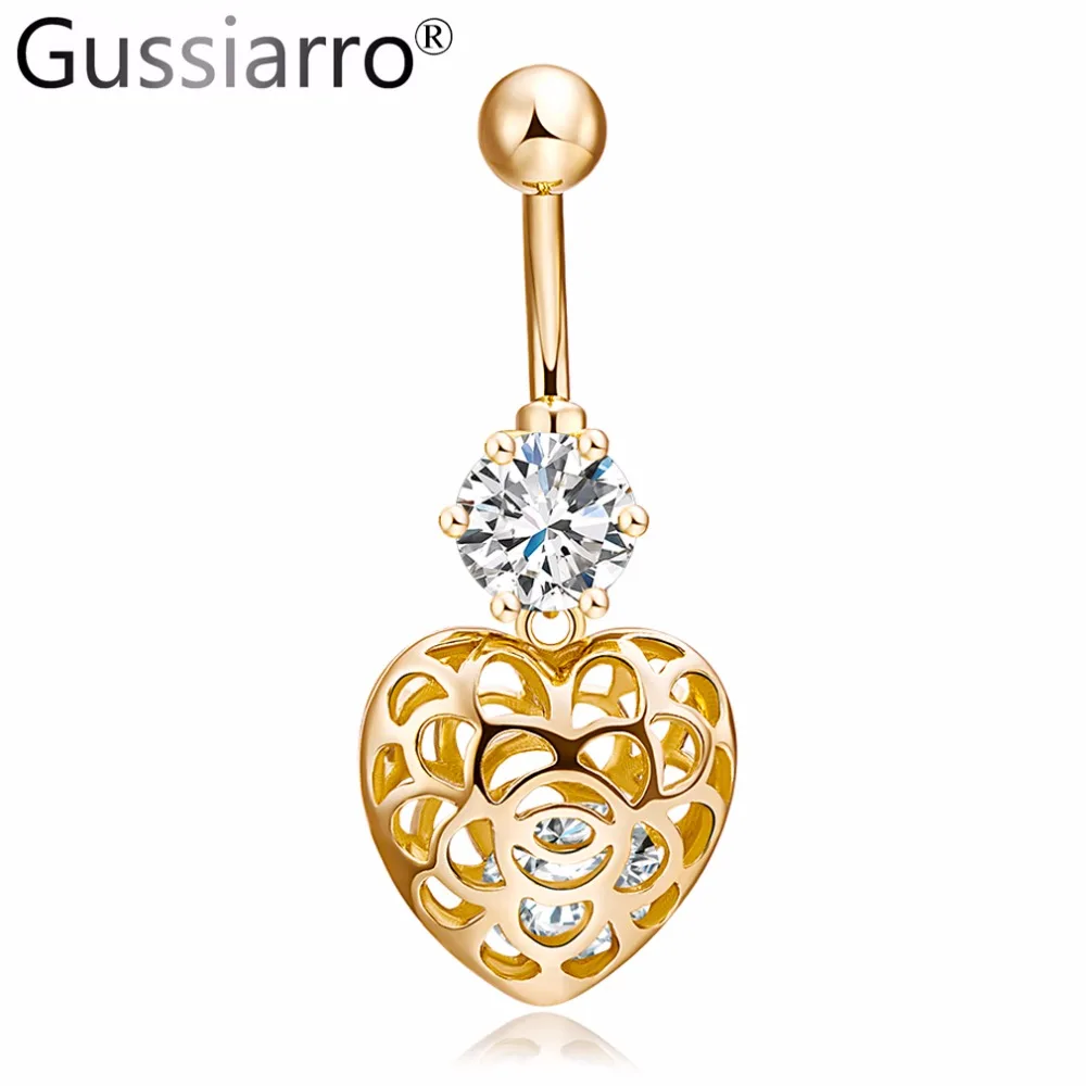 Gussiarro милое сердце золотого цвета прозрачные AAA Кристальные кольца для пупка пирсинг пупка ювелирные изделия для тела Percing подарок для тела