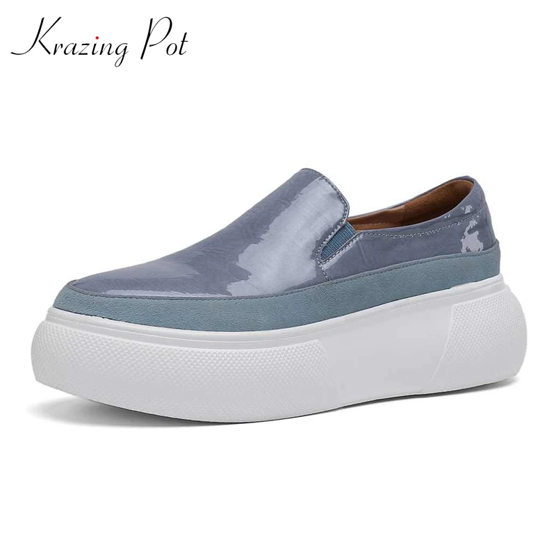 

Krazing Pot new natural cow leather flat platform decoration round toe sneakers slip on European breathable vulcanized shoes L84